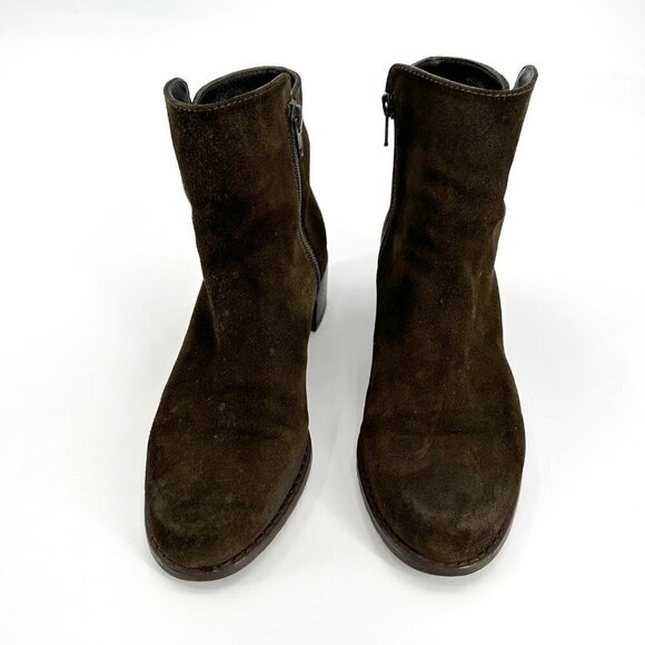 Stuart Weitzman Brown Suede Brass Buckle Stacked Heel Zipper 7 Ankle Boots - Picture 2 of 8